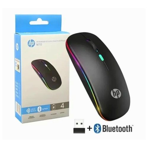 HP W10 Dual Mode Rechargeable Wireless Mouse – 2.4GHz USB & Bluetooth Connectivity, Silent Click, Ergonomic Design, Long Battery Life – Black